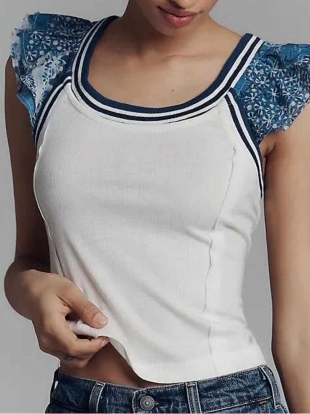 White Tank Top with Blue Lace Cap Sleeve Trim